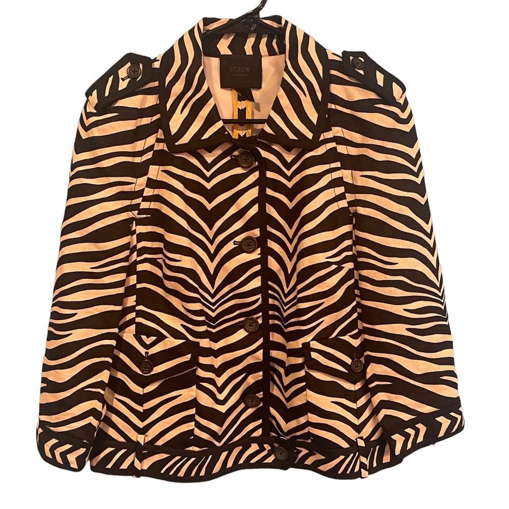 J CREW COLLECTION Sz 8 100% Linen Zebra Tiger Striped Print  Blazer Tan Black
